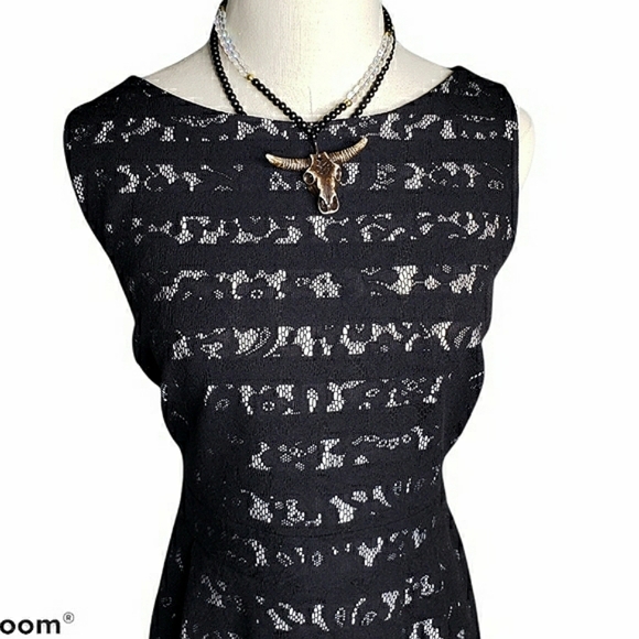 Cynthia Rowley Lace Print Knit Dress Office Dark Academia Pockets Sheath Sz 14 - Picture 3 of 14